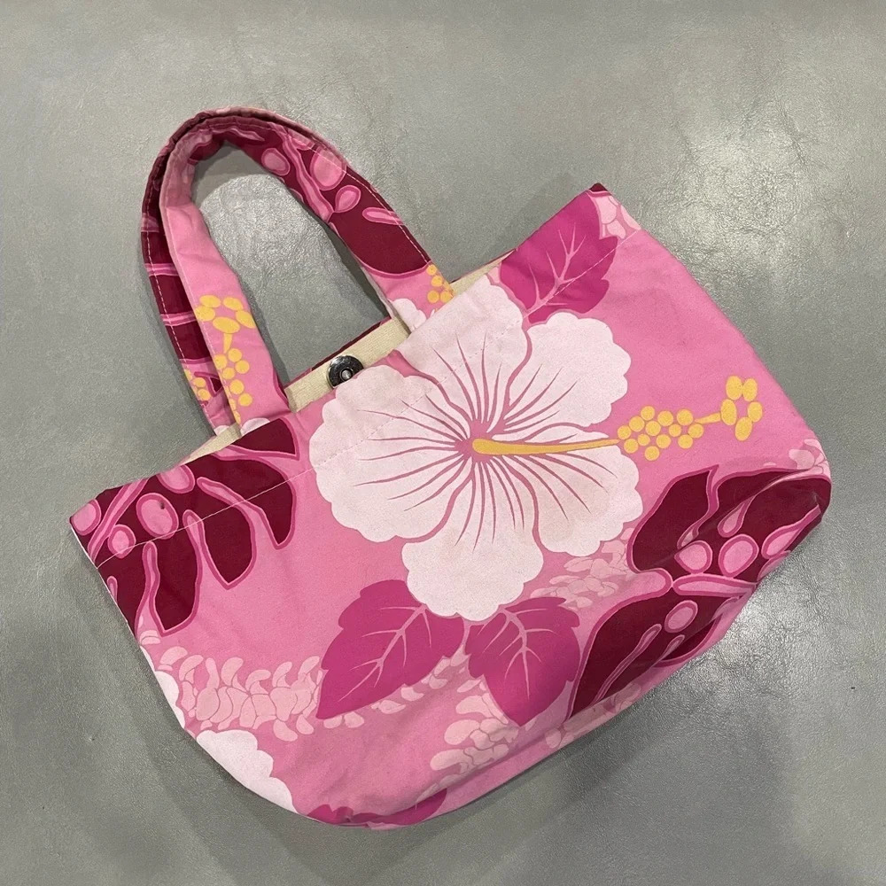Hawaii Pink Flowers Bag About 12” Long with Pockets for Cosmetics